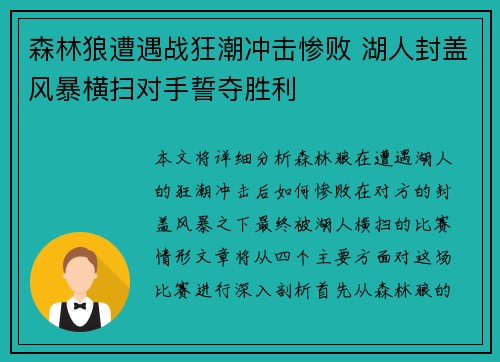 森林狼遭遇战狂潮冲击惨败 湖人封盖风暴横扫对手誓夺胜利